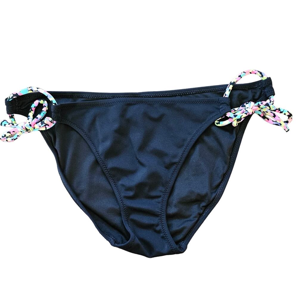 Victoria’s Secret Swim Black Bikini Bottom Size S Multicolor Side Tie Accent EUC